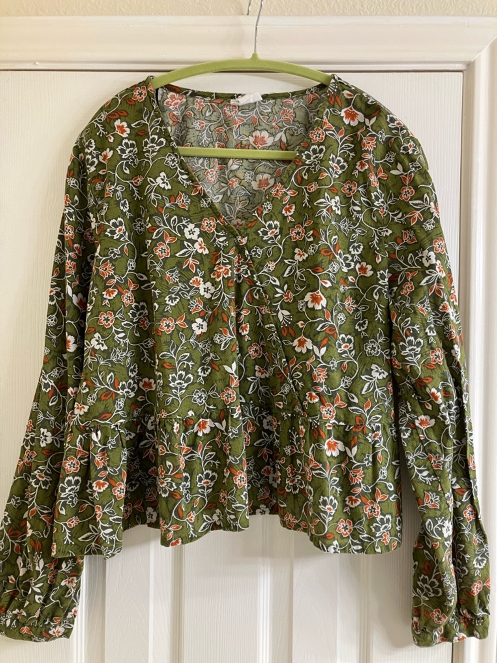 4/$20 a.n.a Olive Floral V-Neck Blouse with White and Rust Flowers